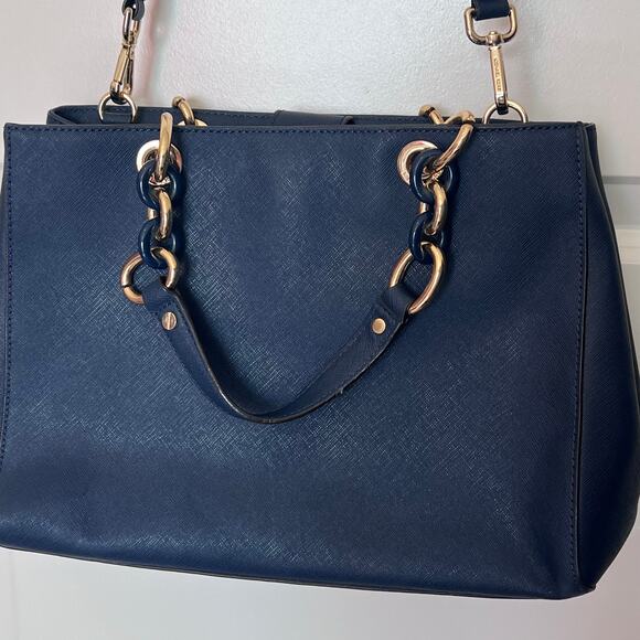 Michael Kors Navy Blue Saffiano Leather Cynthia Tote with Gold Hardware - Picture 2 of 16